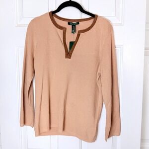 NWT Lauren Ralph Lauren Women's Briwn Knit V-Neck Long Sleeve Sweater Size L